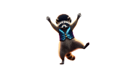 Joyful 3D anthropomorphic raccoon character celebrating and dancing in a colorful vest isolated PNG with Transparent Background