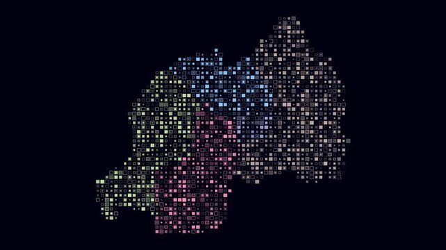Rwanda animated country shape. Pulsating colored dots on the map of the country. Small size square blocks. Digital style Rwanda map on dark background. Simple animation video.