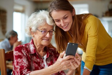 Young woman teacher showing an elderly lady how to use a smartphone at home, highlighting intergenerational connection, digital literacy for seniors, and helpful technology tutoring for aged people