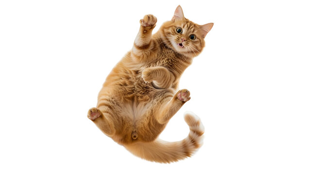 Funny ginger tabby cat looking down while suspended or floating in the air. isolated PNG with Transparent Background