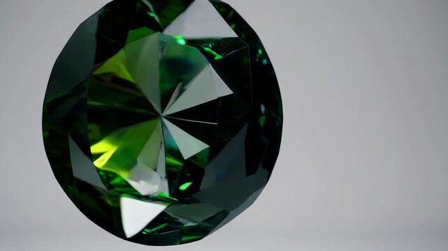 Close-up video of a faceted gemstone with green hues, captured at an angle to highlight its brilliance and reflections on a neutral background.