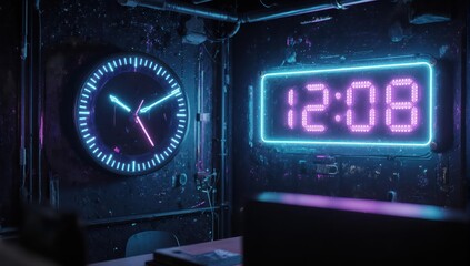Dark room with glowing clocks analog and digital, futuristic time display