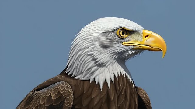 bald eagle closeup portrait against clear blue sky, powerful bird of prey