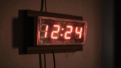 Red digital clock showing 1224, mounted on a wall