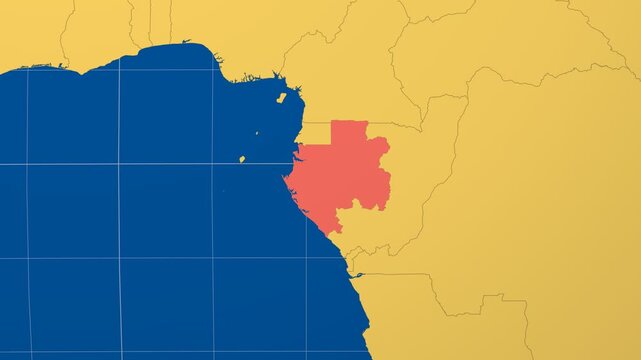 Gabon on Globe. Animated zoom into the country in Ocean Blue Golden Yellow color palette. Gabon logo animation. Map with meridians, parallels. Awesome video.