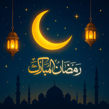 Ramadan Kareem greeting with Glowing Crescent Moon and Lanterns social media post design