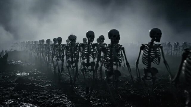 Haunting March of Skeletons Through Dark Mist Landscape Under Gloomy Sky, Black‑White Cinematic Viewpoint