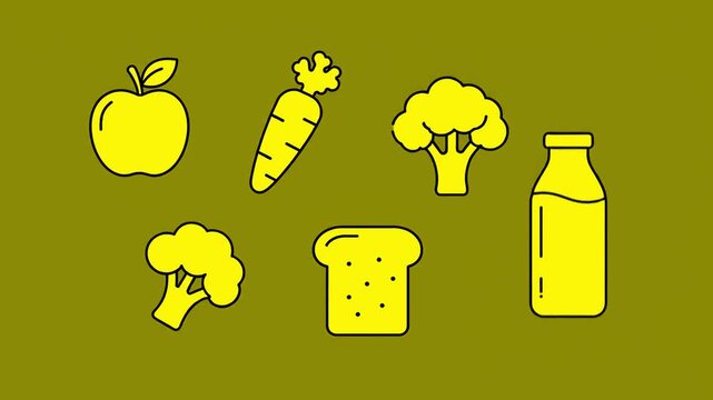 Apple, Carrot, Milk, Bread, Broccoli Icons Basic Food Groups Outline Illustration Flat 2D vector outline animation 