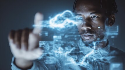 Man interacting with digital cloud technology
