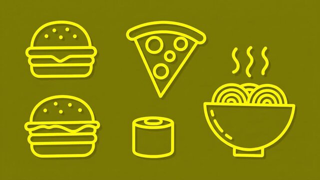 Burger, Pizza, Noodles, Sushi Vector Neon Green, Blue, and white Outline Food Icons Set Flat 2D vector outline animation illustration 