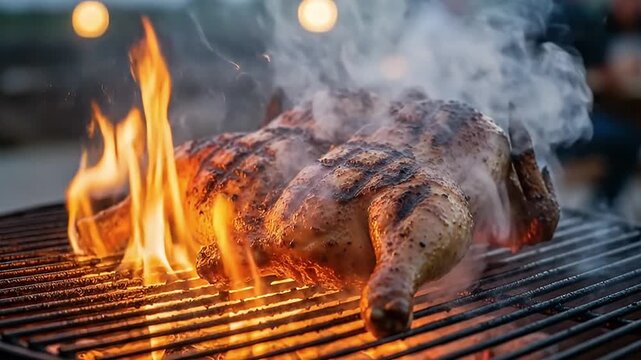 A succulent, whole piece of seasoned poultry sizzles on a hot barbecue grill, expertly cooked over an open flame. Golden-brown skin with distinct char marks glistens under the intense heat, while tend