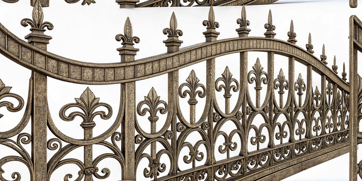 Ornate antique bronze metal fence gate with decorative scrolls and fleur de lis