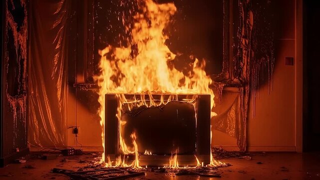 A television set burns intensely, engulfed in vivid orange and yellow flames, casting a dramatic glow across a dark, enclosed room. The powerful inferno consumes the electronic device, showcasing dest
