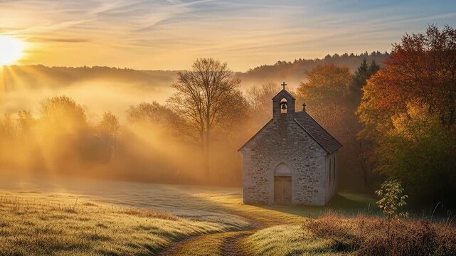 A tranquil morning landscape reveals a historic stone chapel nestled in a misty, sun-drenched field. Golden sun rays beautifully pierce through the atmospheric fog, illuminating a winding dirt path th