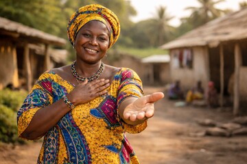 Fototapeta premium African woman in traditional attire offering hand, International Womens Day Give to Gain Campaign 2026, 8 march theme