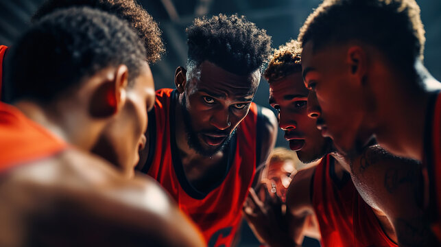 A basketball team strategizing in a huddle, intense expressions