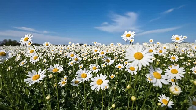 A vast, vibrant field of white daisies with bright yellow centers stretches under a clear, azure blue sky on a sunny day. The camera captures a low-angle perspective, immersing the viewer directly wit