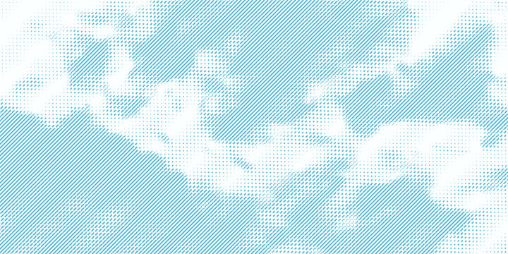 Sky cloud vector engraving texture background. Bright blue sky and white clouds made by diagonal lines and dots. Retro ink background design.