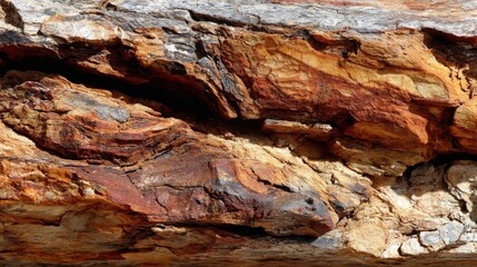 Obraz premium Detailed close-up of rough-hewn bark showing deep grooves and natural earthy textures in rich brown and red hues.