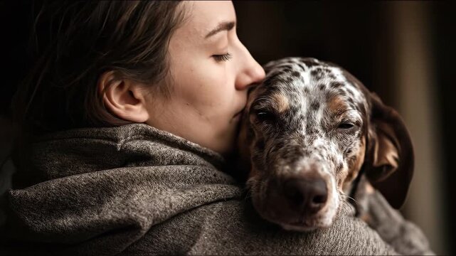 Warm Embrace: Capturing a Tender Moment of Love and Affection between a Person and Pet, showcasing the special bond, and the simple joys of companionship.