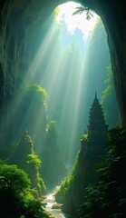 Obraz premium Breathtaking 3D illustration of ancient pagodas inside a giant cave illuminated by divine sunlight beams.