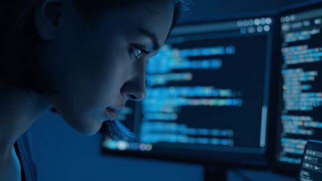 hand on keyboard near laptop and monitor. code on screen fills computer display. face studies code on screen. desk under blue light. light casts cool tone across hardware. code line pattern.