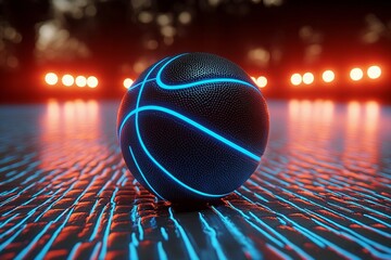 Glowing Black Basketball with Blue Neon Accents under Stadium Lights