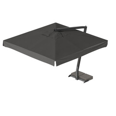Modern cantilever patio umbrella with square canopy and heavy base for outdoor shade