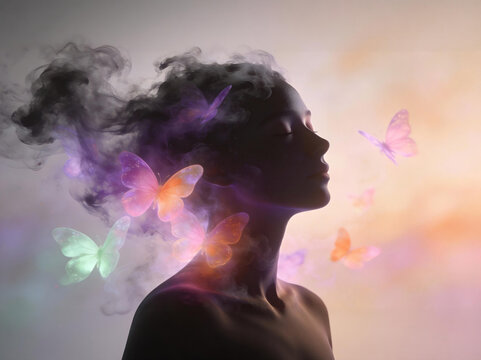 A meditating person's silhouette, with ink-like smoke transforming into glowing, translucent butterflies in lilac, pink-orange, and light green &ndash; Serene 3D digital art for mental health campaigns, the