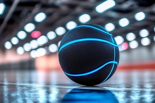Black basketball illuminated with blue neon lines under floodlights - Powered by Adobe