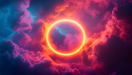 Abstract fiery orange circle, dramatic red and blue clouds, glowing neon frame, vibrant ethereal landscape, smoky atmosphere, digital portal design, energetic background image