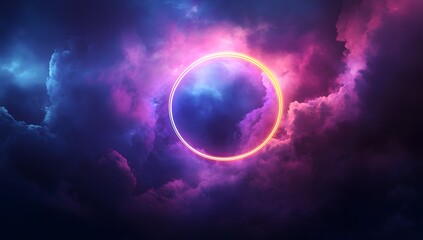 Mesmerizing purple and blue cloudscape, glowing ring of light, abstract atmospheric composition, digital art background, vibrant neon circle, mysterious smoke effect, ethereal scene