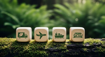 Four wooden cubes with green transportation on mossy log