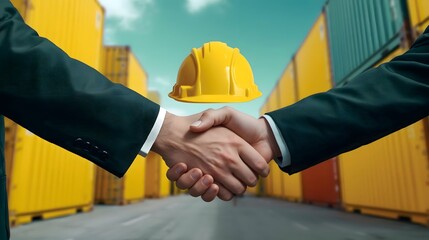 Fototapeta premium A professional handshake with a hard hat symbolizing a construction and logistics business deal