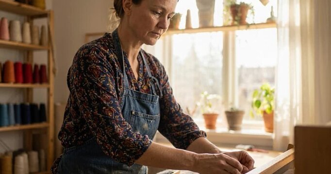 Woman working at a table near a window with spools of thread