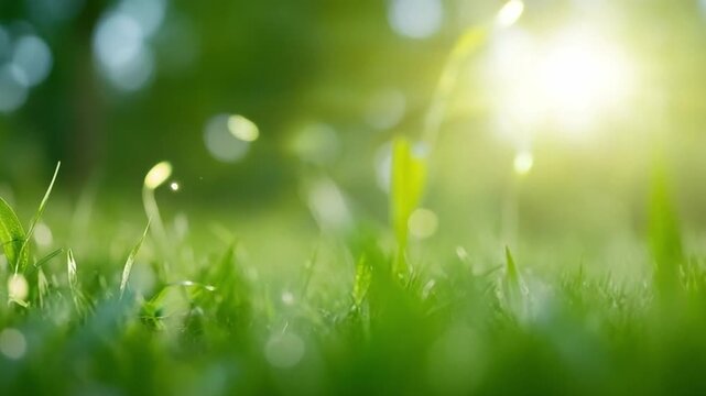 Morning Dew in The Lush Meadow: Capture the essence of serenity with an image of vibrant green grass, its blades adorned with delicate morning dew, illuminated by a gentle, soft sun.