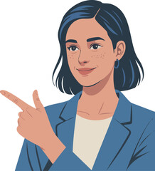Professional flat vector illustration of a businesswoman pointing to empty space. Suitable for corporate presentations, marketing communication, educational content, and business promotion.
