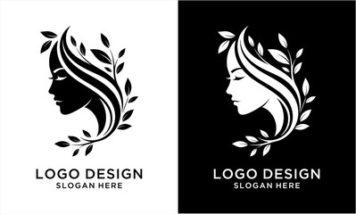 Elegant Woman Silhouette with Flowing Hair and Botanical Elements.