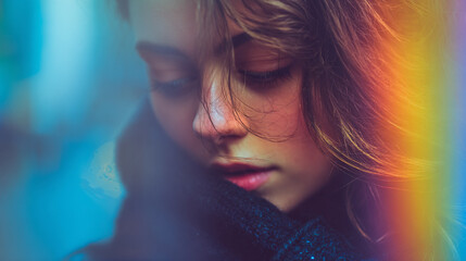 Artistic portrait of young woman with chromatic aberration effect showing rainbow color fringing and soft light leaks for dreamy atmosphere.