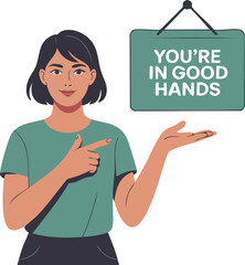 Flat vector illustration of a woman presenting a &ldquo;You&rsquo;re in good hands&rdquo; message related to service, support, and trust. Suitable for customer service, healthcare, and corporate branding visuals.
