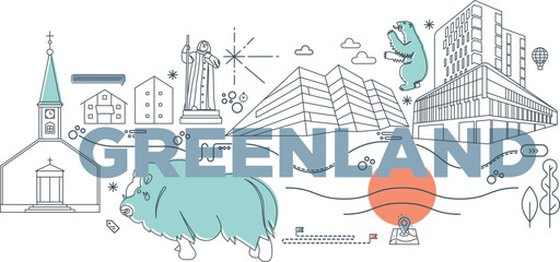 Typography word Greenland branding technology concept. Collection of flat vector web icons. Scandinavia culture travel set, famous architectures, Memphis detailed silhouette European famous landmark © Arttabula