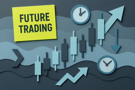 Future trading concept with paper cut candlestick chart arrow clock layered design blue green color modern financial investment business stock market illustration