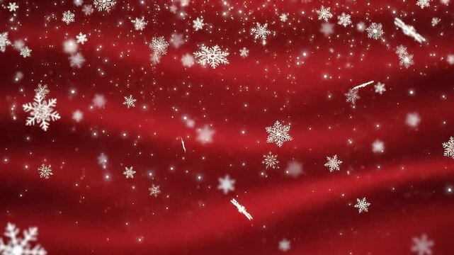 A visually captivating and elegant background animation featuring a multitude of intricately designed white snowflakes gently cascading downwards against a luxurious, deep red, wavy fabric-like textur
