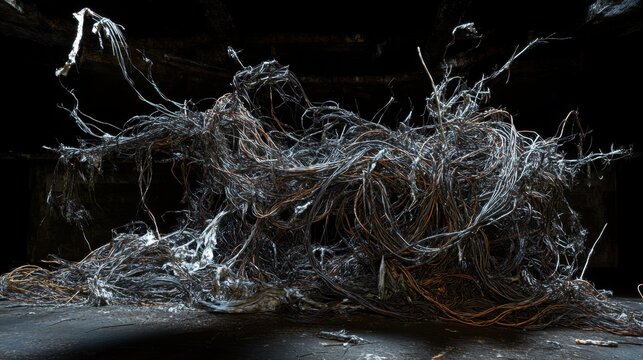 A dark abstract view of tangled rusted and frayed electrical wiring coiled together in a chaotic mess of wires and cables