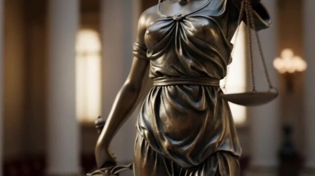 A statue of Justice in a courtroom, holding scales in one hand and a sword in the other, the statue represents impartiality, equality, and judgment, serving as a symbol of the judicial system.
