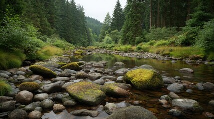 A winding stream flowing over smooth moss-covered pebbles through a vibrant green coniferous forest landscape