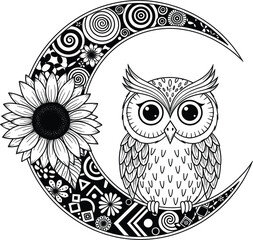 Crescent moon with zentangle patterns and cute owl sitting on branch with sunflower blossom vector illustration for mystical night sky nature decor.
