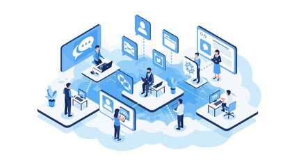 Fototapeta premium People interact on devices with screens and icons in a blue tinted office setting atmosphere