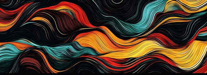 Abstract flowing waves of red yellow and blue colors on dark background creates dynamic energy and motion for modern artistic projects and creative digital illustrations with vibrant line patterns
