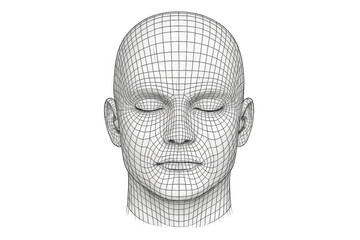 Human head wireframe grid structure showing data, ai, technology, digital identity, biometrics, and facial recognition concepts